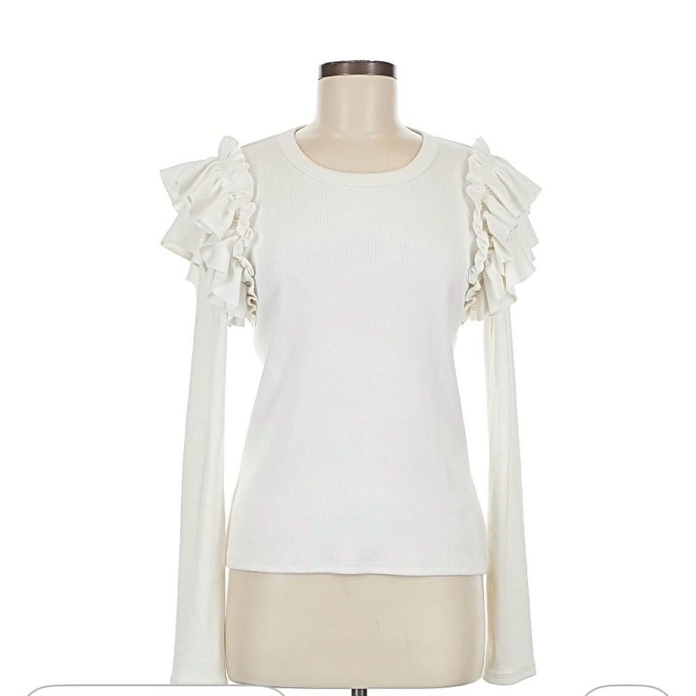 Veronica Beard Ivory Ruffle Shoulder Long Sleeve Tee